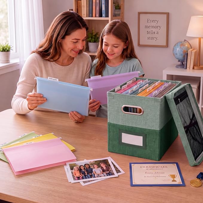 1 Set School Memory Box Organizer, School Keepsake Organizer K-12,Green | with 15 Hanging File Folders, 4 Labels, 3 Sticker, Mesh-Pocket Lid, for Letter/A4, Report Cards, Photos, Awards, File Keeper - Image 6