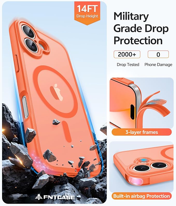 FNTCASE for iPhone 17 Case, Compatible with Magsafe, Glass Screen Protector | Full Camera Protection, Translucent Matte, 14FT Military Grade Drop Proof, Shockproof Protective Phone Cover, Orange - Image 5
