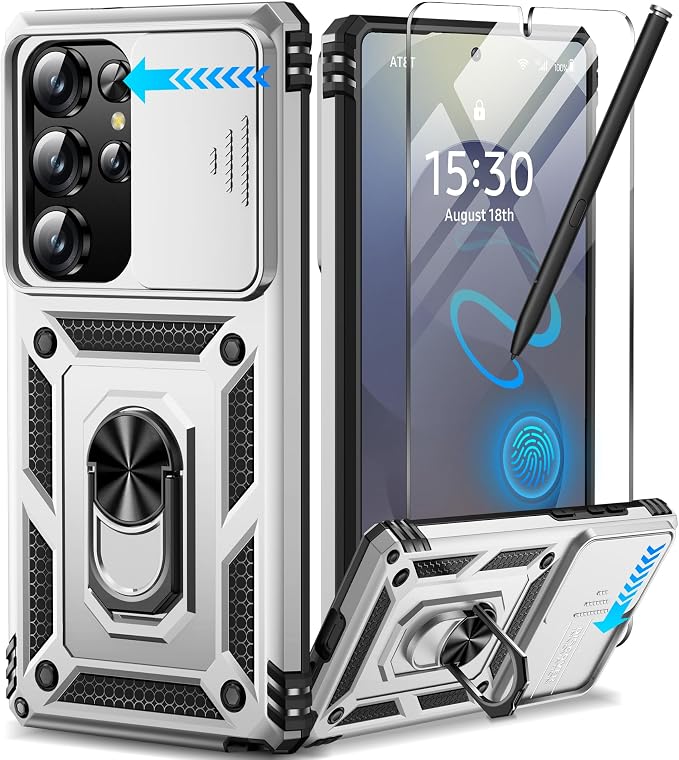 Taisairu for Samsung Galaxy S25 Ultra Case with Screen Protector & Slide Camera Lens Cover, Built-in Magnetic Ring Stand Shockproof Protective Phone Case for Samsung S25 Ultra Case (Silver) by Taisairu