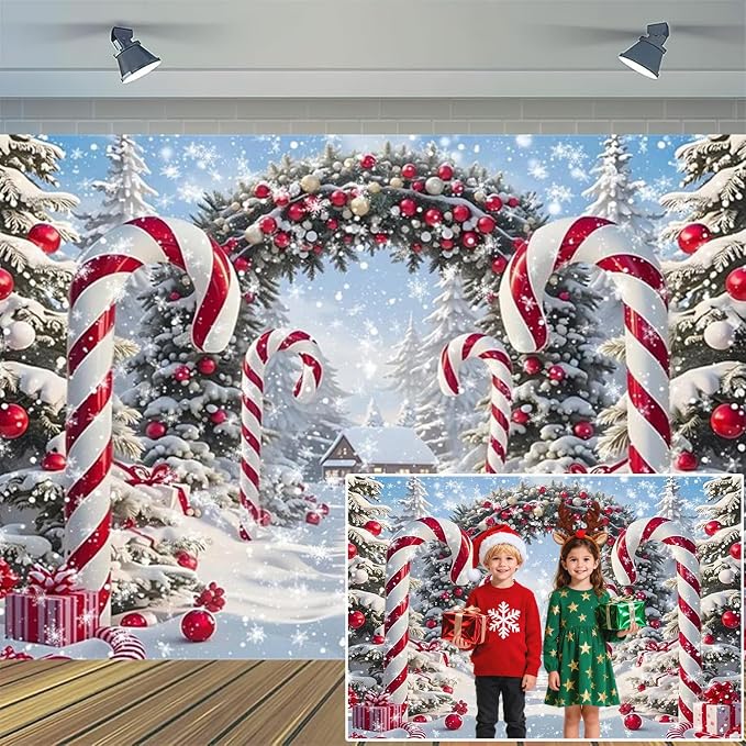 Winter Christmas Cane Candy Photography Backdrop 13x6ft Xmas Snow Scene Christmas Tree Background New Year Eve Party Decorations Banner Winter Holiday Photo Studio Props Vinyl by XMJJKUF