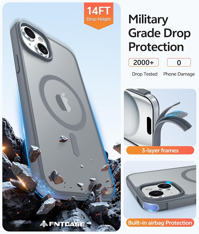 FNTCASE for iPhone 15/14/13 Case, Fit for Magsafe, Glass Screen Protector | Translucent Matte, Magnetic Phone Cases, 14FT Military Grade Drop Protection, Slim Shockproof Protective Cover, Gray - Image 5