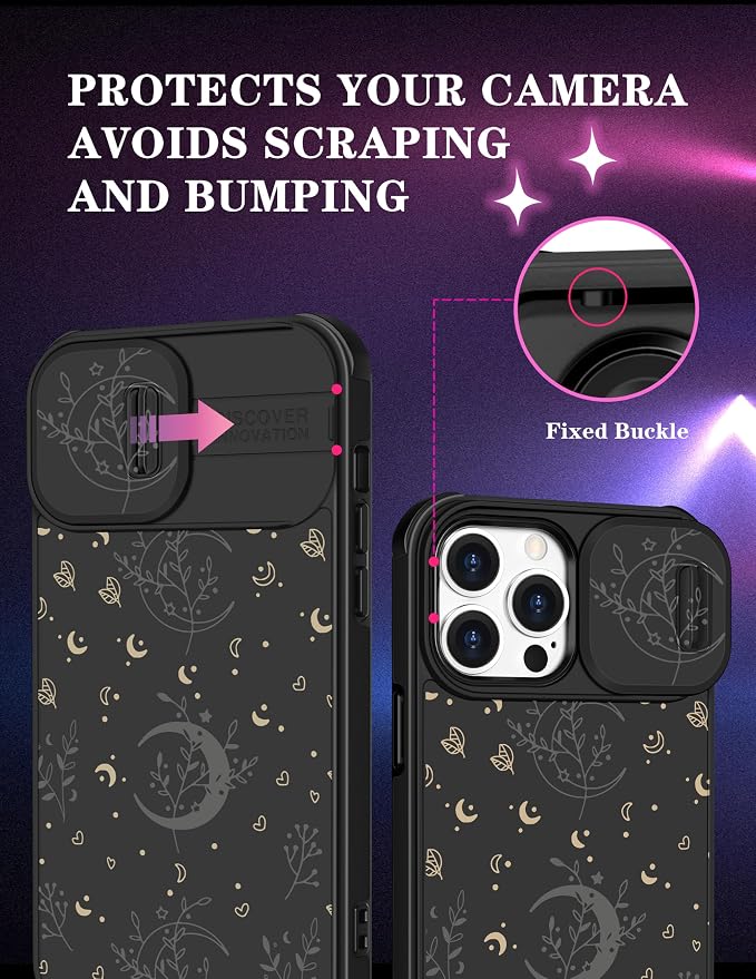 (2in1 for iPhone 15 Pro Case Moon for Women Cute Phone Cover Stars Pretty Space Black Aesthetic Flowers Design with Slide Camera Cover Protective Stand Holder for iPhone 15 Pro Cases 6.1'' - Image 3