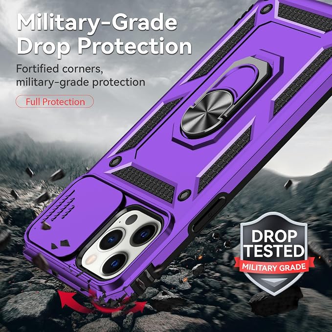 HNHYGETE for iPhone 12 Pro Max Case with Screen Protector: [Military Grade 20ft. Drop Tested] Slide Camera Cover Ring Shockproof Protective Phone Case for - iPhone 12 Pro Max (Purple) - Image 3