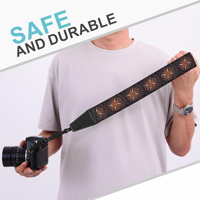 Padwa Lifestyle Brown Sun God Camera Strap - 2" Full Grain Leather Ends Camera Straps for Photographers, Vintage Embroidered Cotton Soft Suede Fabric Padded Strap Quick Release fits All Cameras - Image 4
