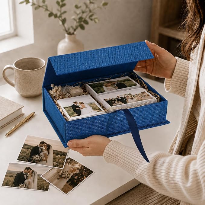 Vienrose Linen Photo Storage Box, 8"x10", Postcard Keeper, Dark Blue | 1Pc Sturdy Linen Cover Box for Photos, Postcards & Decorative Paper Storage, Perfect for Home, Office, Craft Room, and Travel - Image 3