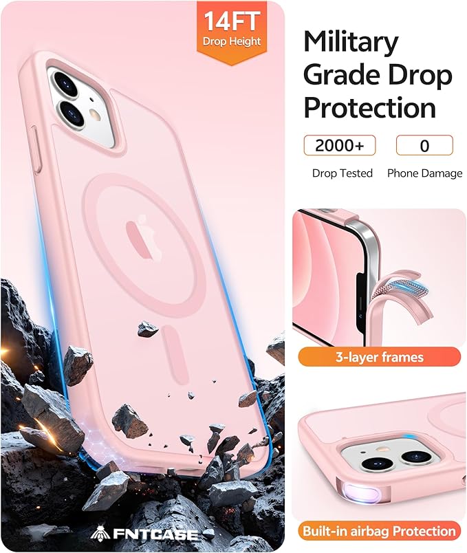 FNTCASE for iPhone 13/12 Mini Case, Fit for Magsafe, Translucent Matte Back | Magnetic Phone Cases, 14FT Military Grade Drop Protection, Slim Shockproof Protective Cover, Light Pink - Image 5