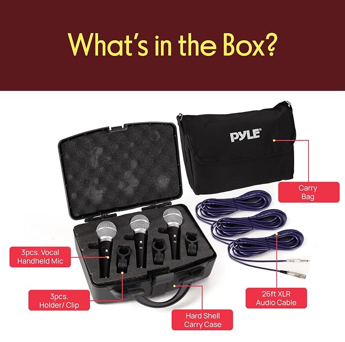 Pyle 3 Piece Professional Dynamic Microphone Kit Cardioid Unidirectional Vocal Handheld MIC with Hard Carry Case & Bag, Holder/Clip & 26ft XLR Audio Cable to 1/4'' Audio Connection (PDMICKT34),Black - Image 6