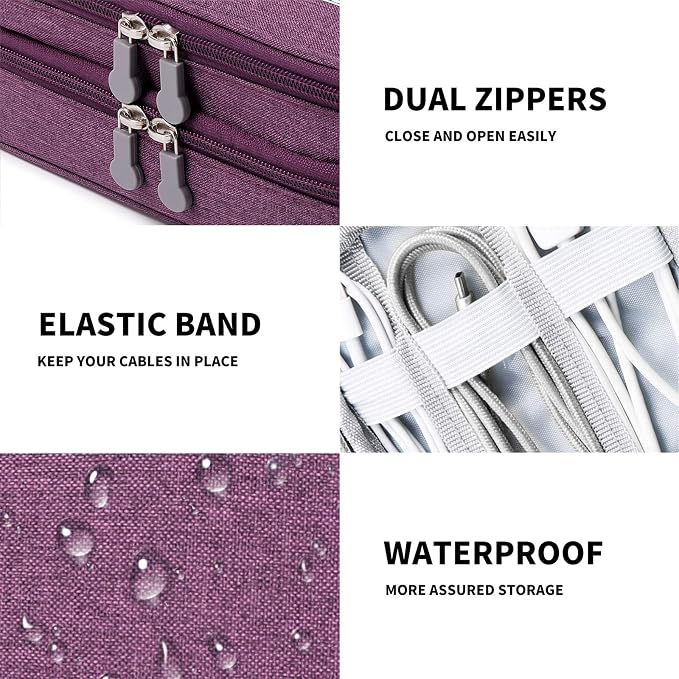 Mygreen Electronic Accessories Organizer Bag, Waterproof Double Layer Travel Storage Case with Adjustable Padded Dividers, Portable Hard Pouch for Cables, Charger, Power Bank, Phone, Hard Drive Purple - Image 7