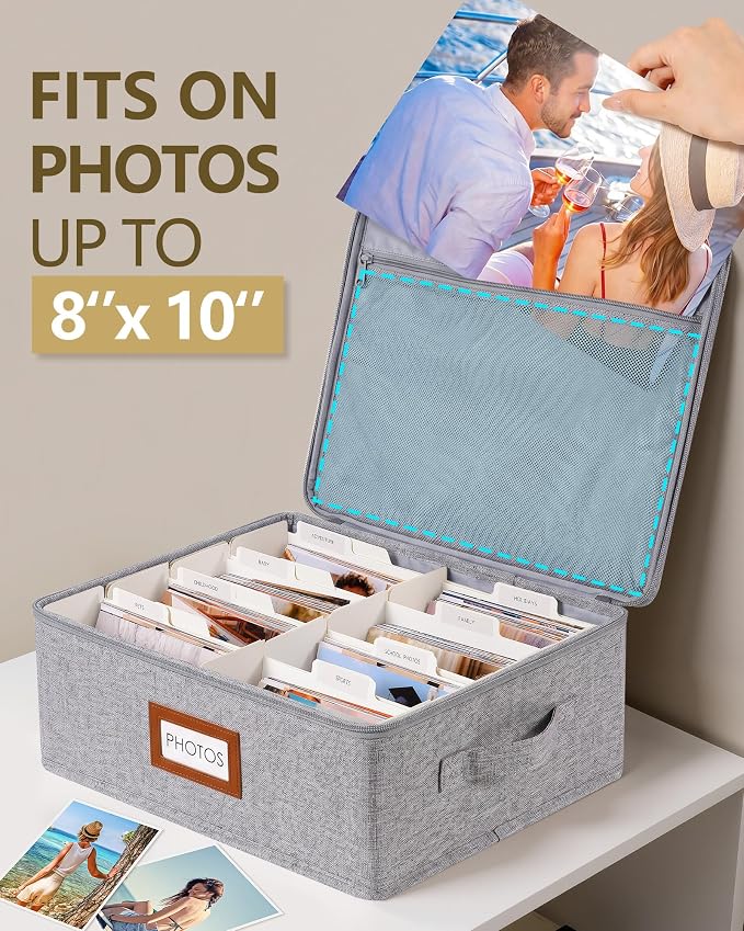 HULISEN Photo Storage Box, Photo Organizer for 2000 4x6 Pictures, Grey | Linen Keepsake Box with Zipper Lid, 8 Dividers, Label Cards Included, Mesh Pocket for Larger Prints, Family Memory Storage - Image 3