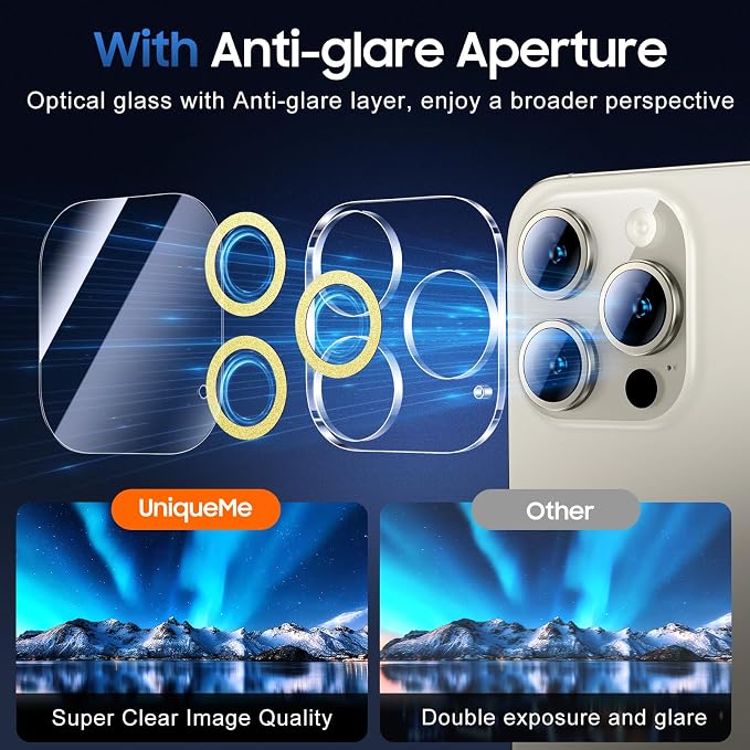 UniqueMe for iPhone 15 Pro/15 Pro Max Camera Lens Protector Bling Golden | 3 Pack-Drop Protection, Case Friendly, 9H Tempered Glass, Camera Cover Screen, Update New Version - Image 4
