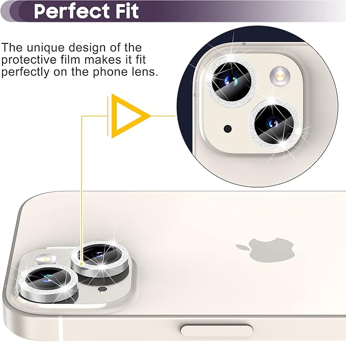 Suoman for iPhone 14 6.1 inch / 14 Plus 6.7 inch Camera Lens Protector, 9H Tempered Glass Film, Metal Frosted Independent Protective Cover [Glitter Diamonds]- Silver - Image 3