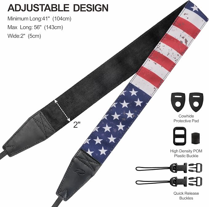 Padwa Lifestyle American Flag Print Camera Strap - 2" Full Grain Leather Ends, Vintage Flag Pattern Camera Straps for Photographers, Soft Chamois Velvet Padded Strap Quick Release fits All Cameras - Image 6