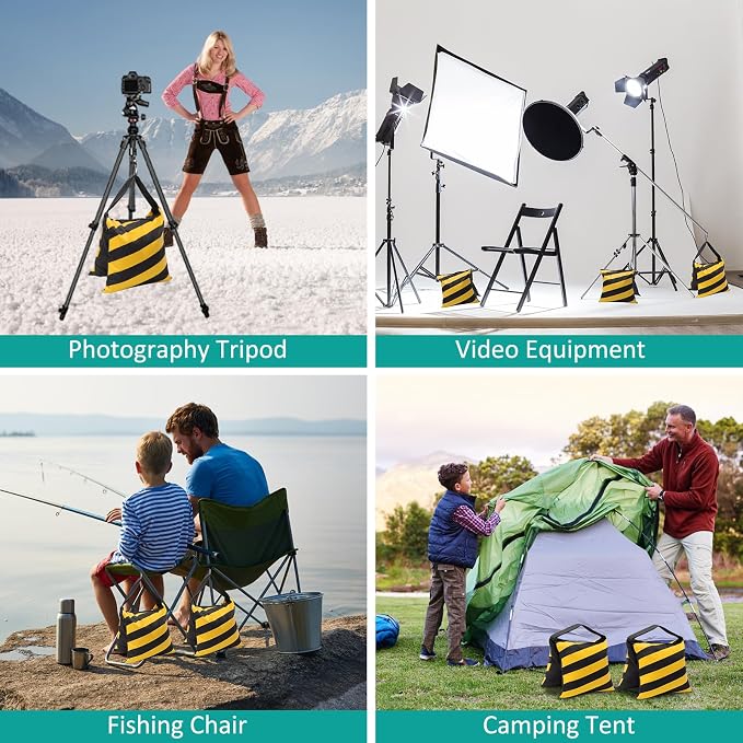 4 Packs Yellow Sandbag Weight Bags for Light Photography Video Equipment | Heavy Duty Saddlebags for Backdrop Stand, Photo Tripod, Canopy, Pop up Tent, Umbrella Base, Fishing Chair, Picnic Table - Image 6