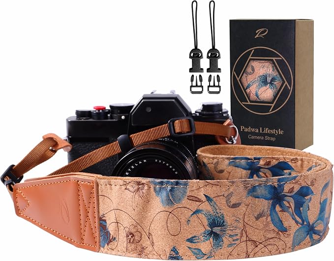 Padwa Lifestyle Cork Camera Strap - 2" Top Layer Cowhide Head Camera Straps for Photographers,Natural Log Crackle Art Print Style,Soft Chamois Velvet Padded Strap Quick Release fits All Cameras by PadwaLifestyleCameraStrap