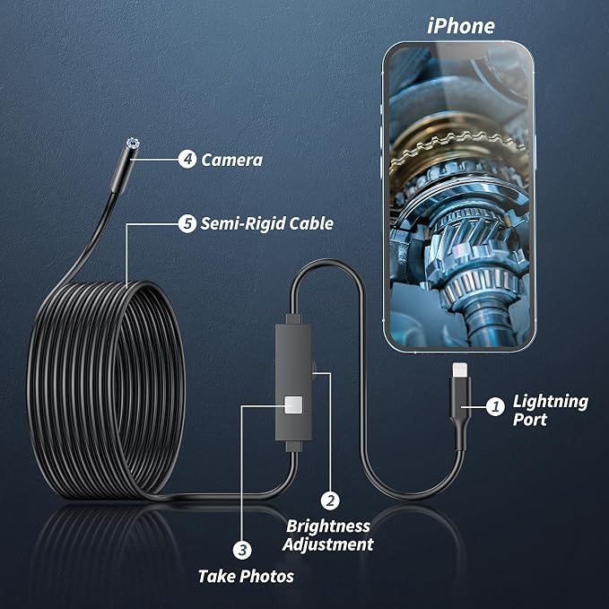 Endoscope Camera with Light, 1920P HD Borescope Tools with 8 Adjustable LED Lights, Endoscope with Semi-Rigid Snake Camera, Inspection Borescope for iOS - 16.3ft Single Line Single Lens（Not Android） - Image 2