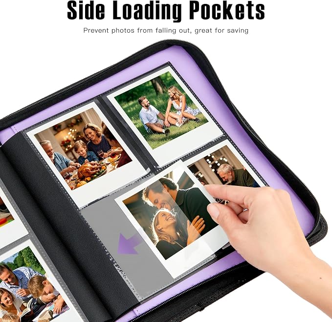Veicevol 256-Pocket Album for Polaroid i-Type, 600 & SX-70 Photos, Purple | Designed for Fujifilm Instax Wide Photos, Water-Resistant PU Leather Cover, Zipper Closure, Securely Holds Up to 256 Photos - Image 5