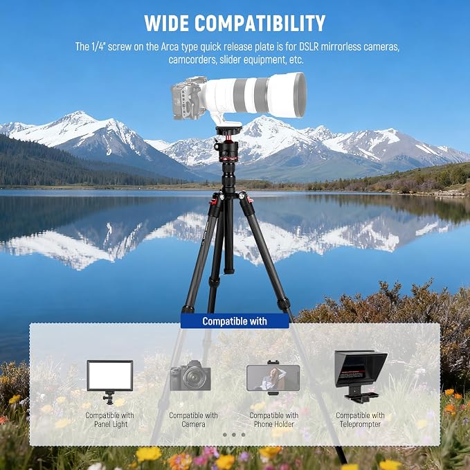 NEEWER Basics Carbon Fiber Travel Tripod, 64" Compact Lightweight Portable Camera Video Stand, Arca Type Ball Head & Cell Phone Holder Compatible with iPhone Video Recording, Max Load 13.2 lbs, TP17 - Image 6