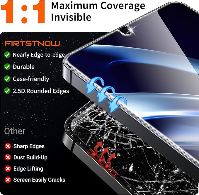 firtstnow 3 Pack for Samsung Galaxy S25 Ultra Screen Protector Tempered Glass + 1 Pack Camera Lens Protector, Military Grade Shatterproof, 9H Hardness, Fingerprint Unlock,Case Friendly 6.9 Inch - Image 4