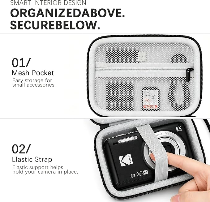 Camera Carrying Case for KODAK PIXPRO FZ55/ FZ45 Digital Camera | Camera Storage Case. Hard Protective Bag With Mesh Pocket Fits Batteries Cable Memory Card Card Reader, Black+ Grey - Image 5