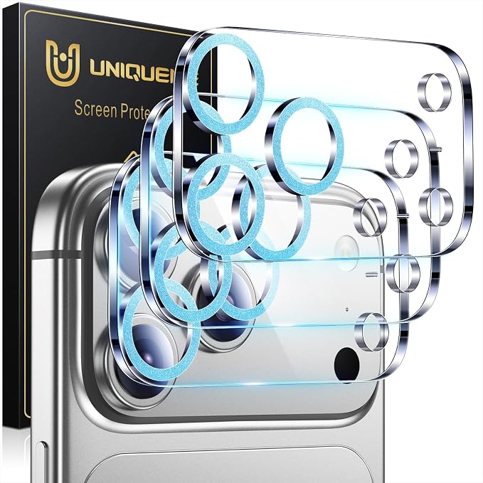 UniqueMe for 3 Pack iPhone 17 Pro Camera Lens Protector Glitter Light Blue | Drop Protection, Case Friendly, 9H Tempered Glass, Camera Cover Screen, Update New Version by UniqueMe
