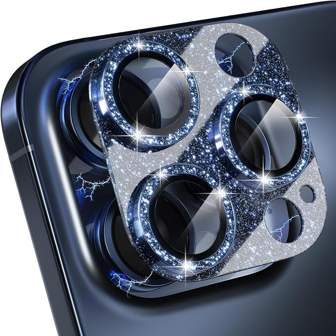 Choiche for iPhone 15 Pro/iPhone 15 Pro Max Camera Lens Protector | Bling Camera Cover with 9H Tempered Glass Lens Screen Protector Metal Ring Decoration Accessories (Glitter-Titanium Blue) by Choiche