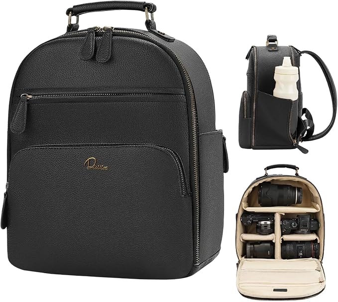 Small Camera Backpack Classic PU Leather for DSLR, Professional Camera Bag for Photographers with 11 Inch Pad/Tablet Compartment Small 10L Black by Divvia