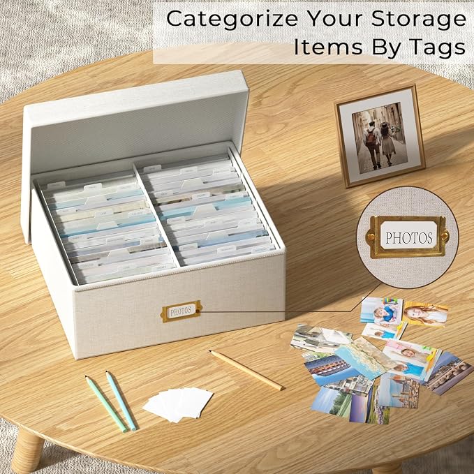 Decorative Photo Storage Box, 2 Pack Linen Photo Box Hold 1700 4x6 Pictures | Photo Storage Containers with 8 Dividers, Memory Keepsake Organizer for Photos, Scrapbook Supplies, Cards, Stamps, Beige - Image 7