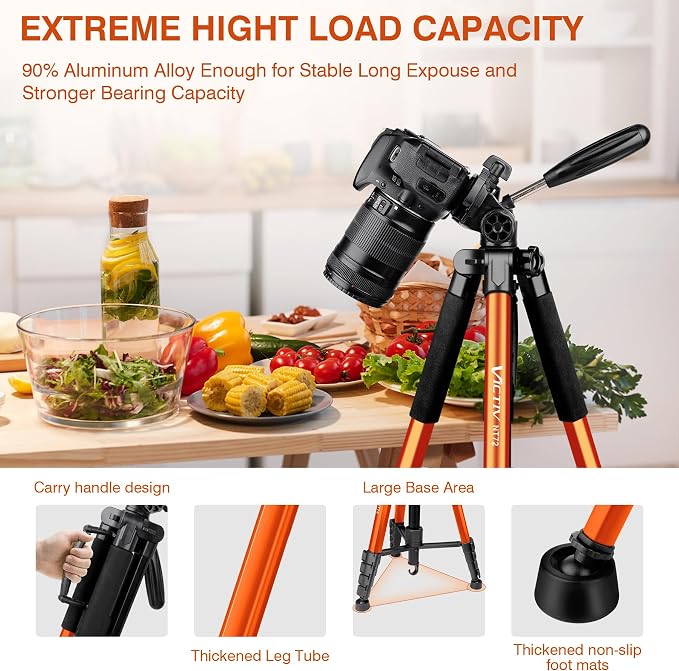 Tripod for Camera, 72" Tall Camera Tripod & Monopod with Remote, Professional Heavy Duty Compact Camera Stand for Phone, DSLR, Spotting Scope, Telescope, Binocular - Image 3