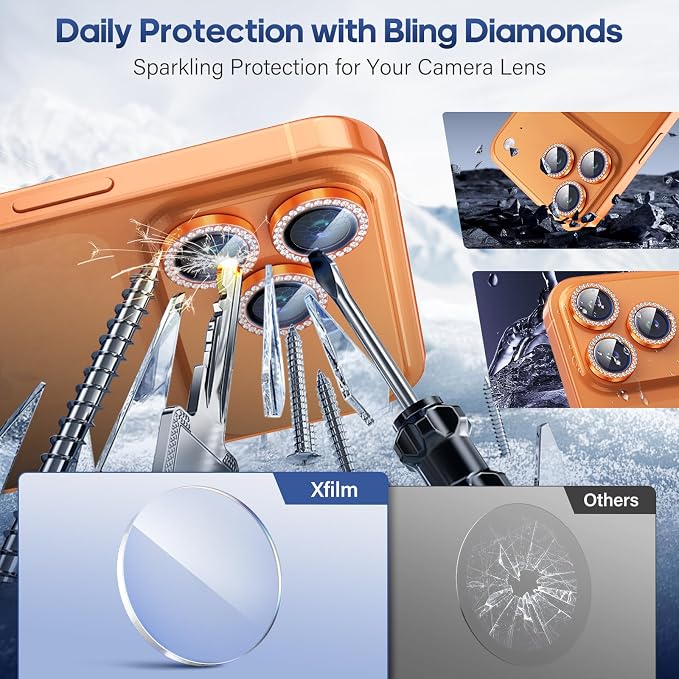 iPhone 17 Pro/17 Pro Max Camera Lens Protector Bling Diamond, Orange | Individual Metal, 9H Hardness, Scratch Resistant, Shockproof, Drop Protection, Case Friendly, Stylish Accessories - Image 3