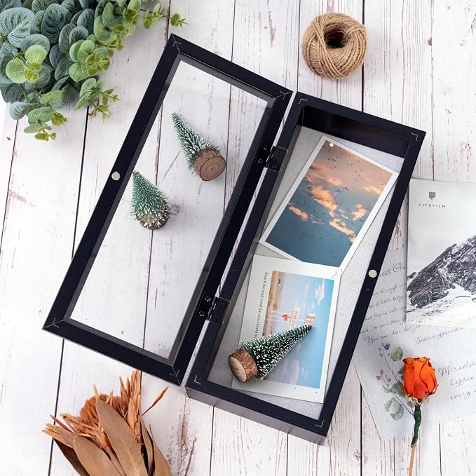 Muzilife 12.5x5 Shadow Box Wood Picture Frame, 2.16 Deep, Real Glass, Black | FSC-Wood, Magnetic Door, Linen Interior & Pins, Vertical, Horizontal Wall Hanging, Display Case Frame for Photos & Keepsakes - Image 8