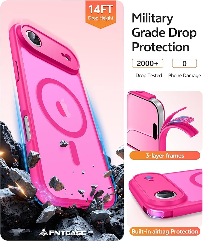 FNTCASE for iPhone Air Case, Fit for Magsafe, with Glass Screen Protector | Full Camera Protection, Translucent Matte, 14FT Military Grade Drop Proof, Shockproof Protective Phone Cover, Hot Pink - Image 5