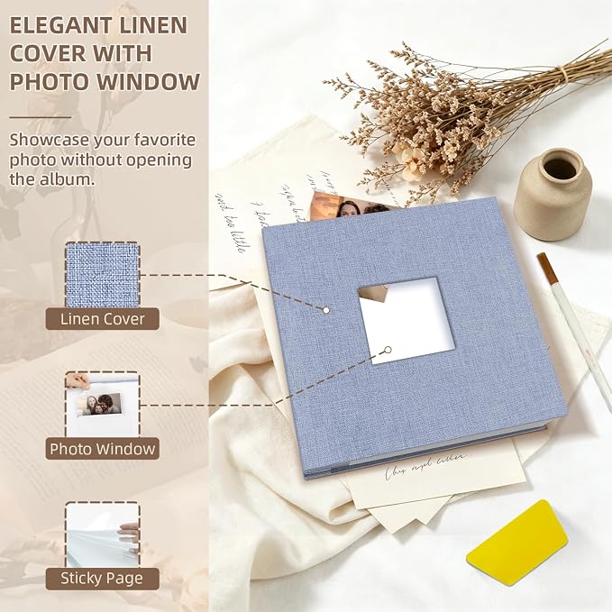 Popotop Photo Album Self Adhesive with Picture Display Window,40 Pages DIY Scrapbooking Supplies Kit for 4x6 10x12 Picture,Linen Cover Memory Book for Baby Wedding, with Scraper and Metallic Pen - Image 3