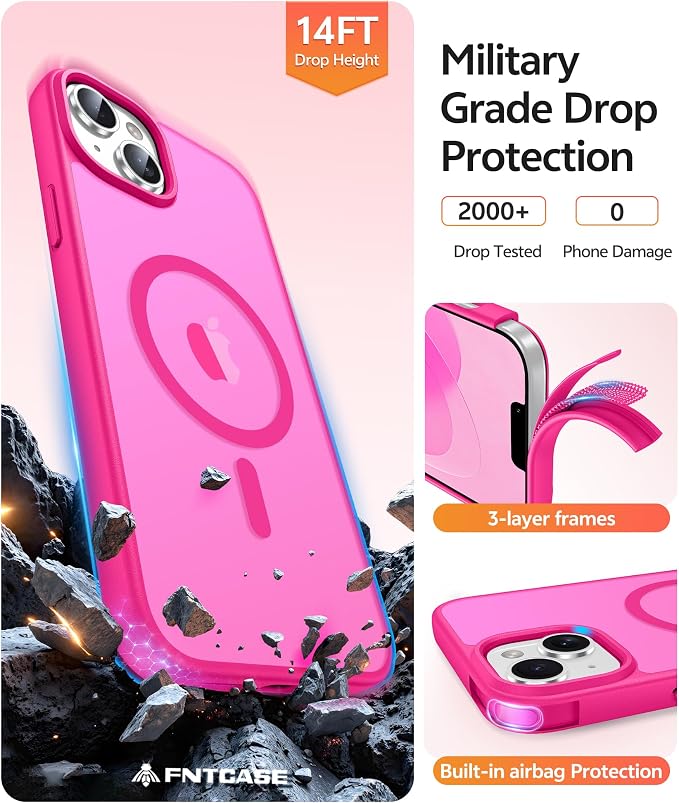 FNTCASE for iPhone 15/14 Plus Case, Fit for Magsafe, Screen Protector | Translucent Matte Magnetic Back, 14FT Military Grade Drop Protection, Shockproof Protective Phone Cover, Hot Pink - Image 5
