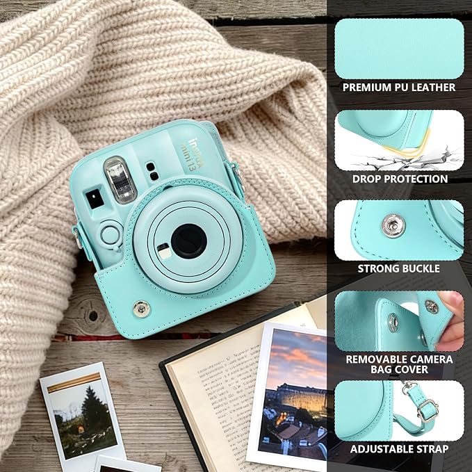 CAIYOULE Camera Case for Fujifilm Instax Mini 13 Instant Camera, Green | Mini 13 Protective Camera Case, PU Leather Camera Bag for Fuji Instax Mini 13, with Photo Album, Adjustable Shoulder Strap - Image 2