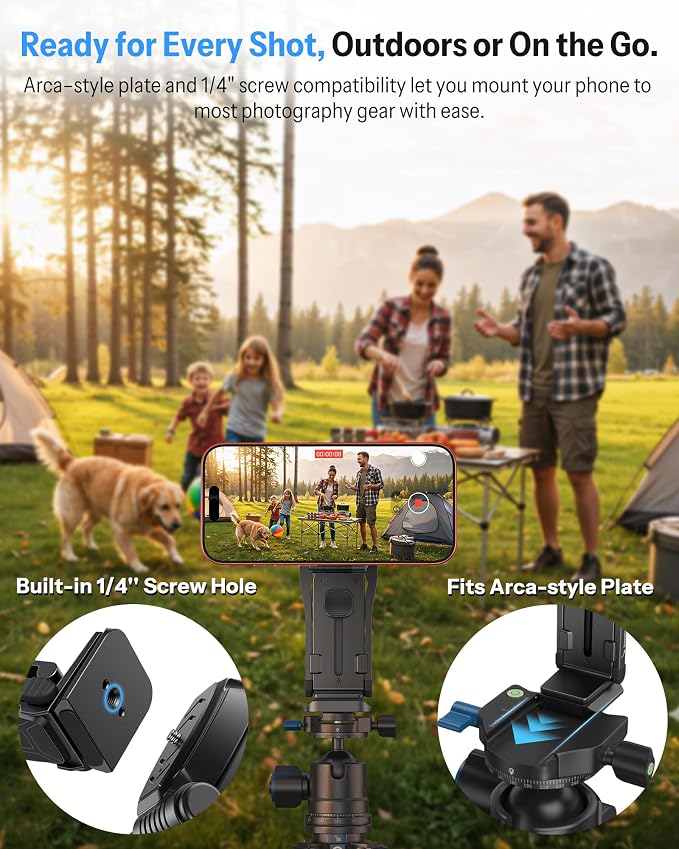 OMOTON TP02-Pro 5 in 1 Magnetic Phone Holder for Vlogging Essentials, Black | Arca-type Base with a 1/4" Screw Hole, Selfie Stick with Rear Attachment Plate, for iPhone 12-17 Series, Gym Kitchen Travel - Image 4