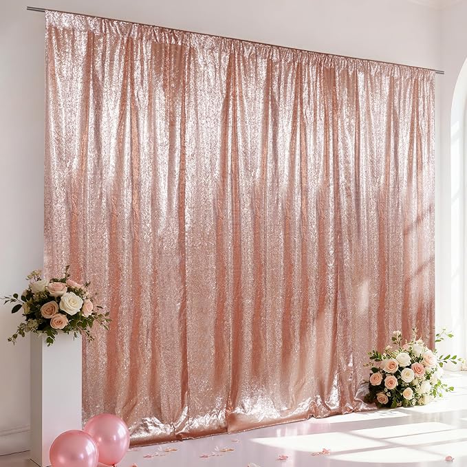 SquarePie 10x10ft Rose Gold Sequin Backdrop, High Density Non-Transparent Glitter Curtain for Photography, Birthday, Wedding Party Decorations, Thick Solid Background with 4" Rod Pocket, 1 Panel by SquarePie