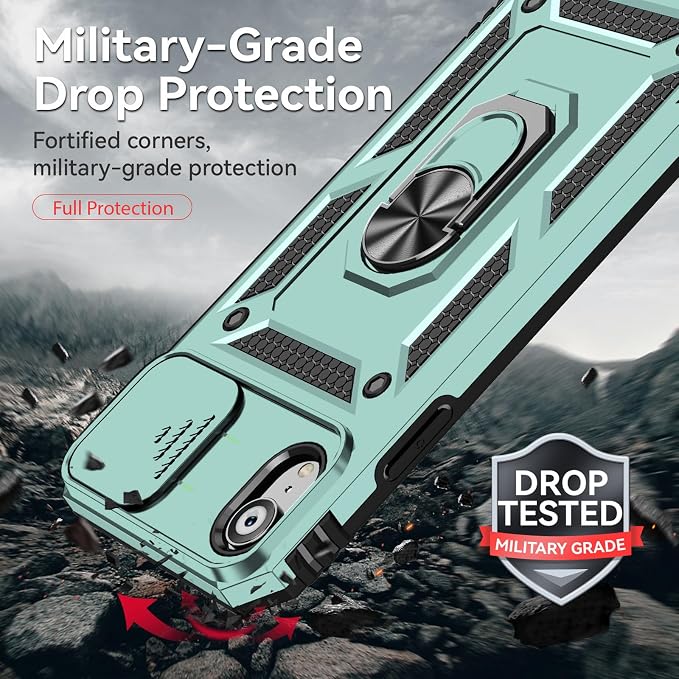 HNHYGETE for iPhone XR Phone Case with HD Screen Protector: [Military Grade 20ft. Drop Tested] Slide Camera Cover Ring Shockproof Protective Phone Case for - iPhone XR (Dark Green) - Image 2