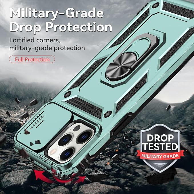 HNHYGETE for iPhone 12 Pro Max Case with Screen Protector: [Military Grade 20ft. Drop Tested] Slide Camera Cover Ring Shockproof Protective Phone Case for - iPhone 12 Pro Max (Dark Green) - Image 3