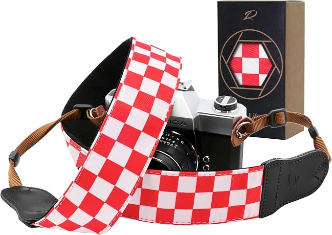 Padwa Lifestyle Red White Plaid Camera Strap - 2" Wide Double Layer Cowhide Head,Cotton Camera Straps for Photographers,Grid Pattern Adjustable Camera Shoulder Neck Strap for All DSLR Cameras by PadwaLifestyleCameraStrap