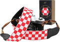 Padwa Lifestyle Red White Plaid Camera Strap - 2" Wide Double Layer Cowhide Head,Cotton Camera Straps for Photographers,Grid Pattern Adjustable Camera Shoulder Neck Strap for All DSLR Cameras by PadwaLifestyleCameraStrap