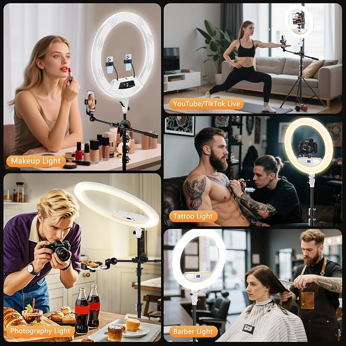 MACTREM Large 22" Ring Light with Stand, 75" Tripod for iPad iPhone Tatoo | LCD Display, Phone Tablet Clips, 2 USB Ports, Professional Lighting for Barber Makeup Streaming TikTok Video Recording Vlog - Image 2