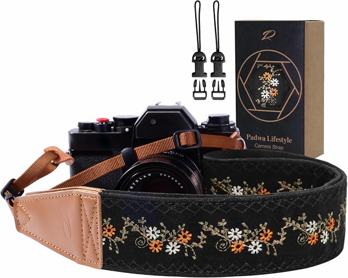 Padwa Lifestyle Camera Strap - 2" Full Grain Leather Ends Camera Straps for Photographers, Vintage Embroidered Cotton Weave Soft Suede Fabric Padded Strap Quick Release fits All Cameras by PadwaLifestyleCameraStrap