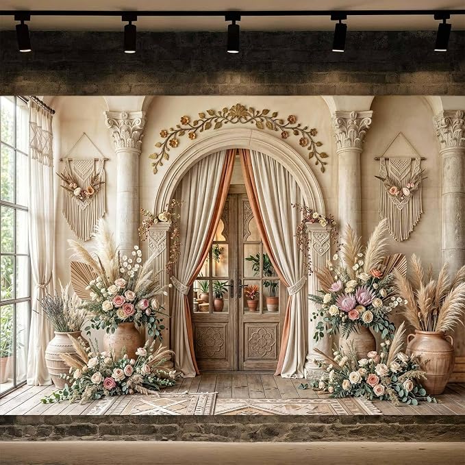 7X7ft Boho Floral Wedding Backdrop Retro Elegant Flowers Wall Photography Background Beige Vintage Wedding Bridal Shower Mother's Day Event Party Home Art Decor Portrait Photoshoot Props - Image 2