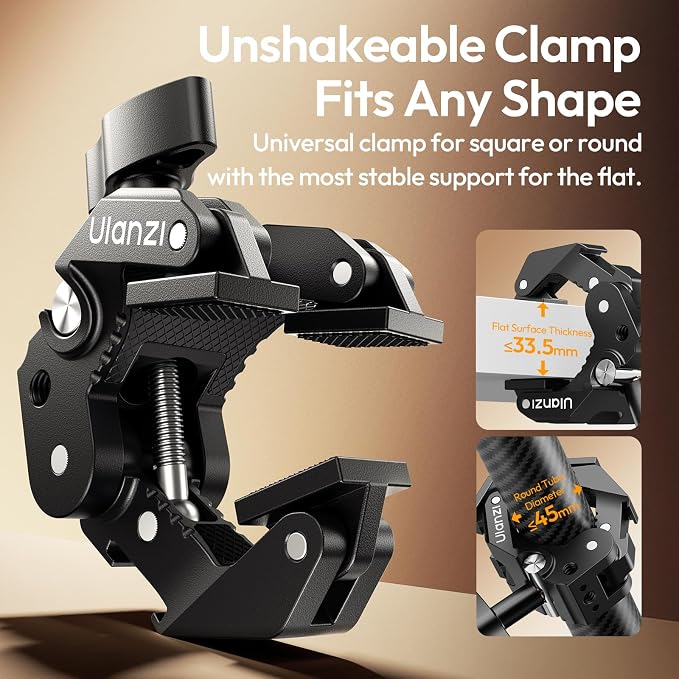 ULANZI CO78 Super Clamp Mount, 3-Jaw Y-Shape Super Clamp with Cold Shoe | & 1/4"-20 Threads,ARRI Pins, Heavy Duty Camera Rig Mount for Monitors, LED Lights, Action Cameras, Desktop Rig, Load - Black - Image 2