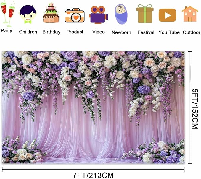 10x8ft Purple Lavender Floral Bridal Backdrop Wedding Flower Photography Backdrop for Girl Portrait Baby Shower Birthday Party Decor Banner Mother's Day Party Wall Backdrop Studio Photo Backgrounds - Image 5