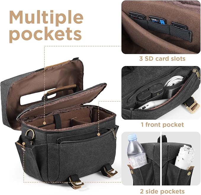 SMRITI Canvas DSLR Camera Bag Crossbody, Waterproof Messenger Camera Sling Bag for Photographers, Small Camera Bag with Rain Cover, Travel Shoulder Camera Case for Cannon Nikon Sony (Black) - Image 3