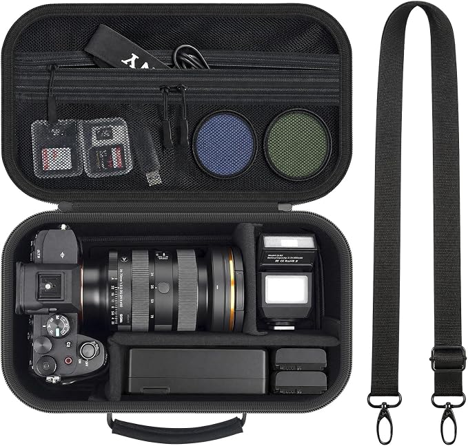 Camera Case for Canon EOS Rebel T7/R50/R100/for Sony a7iv/Mirrorless | EVA hard shell, Oxford fabric, 4 adjustable dividers and 3 mesh pockets for camera travel and home storage-Black (Case Only) by Grapsa