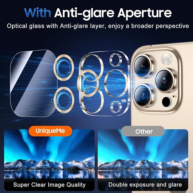 UniqueMe for 3 Pack iPhone 16 Pro/16 Pro Max Camera Lens Protector - Gold | Drop Protection, Case Friendly, 9H Tempered Glass, Camera Cover Screen, Update New Version - Image 4