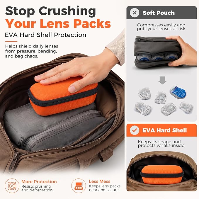 WOMACO Daily Contact Lens Case, Hard Shell Portable Contact Lens Travel Box for Disposable Daily Lenses, Left Right Separated Contact Lens Storage Organizer with Mesh Pocket (Orange, for 40 pieces) - Image 3