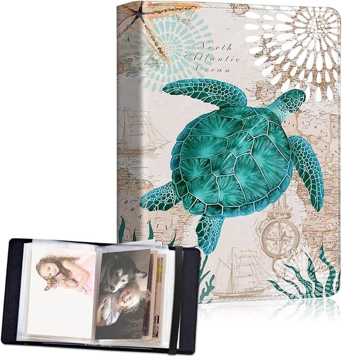 Small Photo Album 5x7, 60 Pockets Holds 120 Photos, Slip-in Pocket Photo Album with Black Elastic Band for Family Wedding Baby Travel Pictures, Cute Green Turtle by Unknown